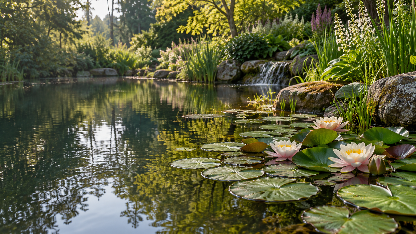 Sunlit garden pond with water lilies and natural aquatic planting